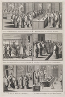 KG 11843
<br/>
Catholiques: On porte en PROCESSION les SAINTES HUILES. (...) Le CORPS de L'EVEQUE est exposé dans L'EGLISE.
<br/>
<em>Picart, Bernard (1673-1733)</em>